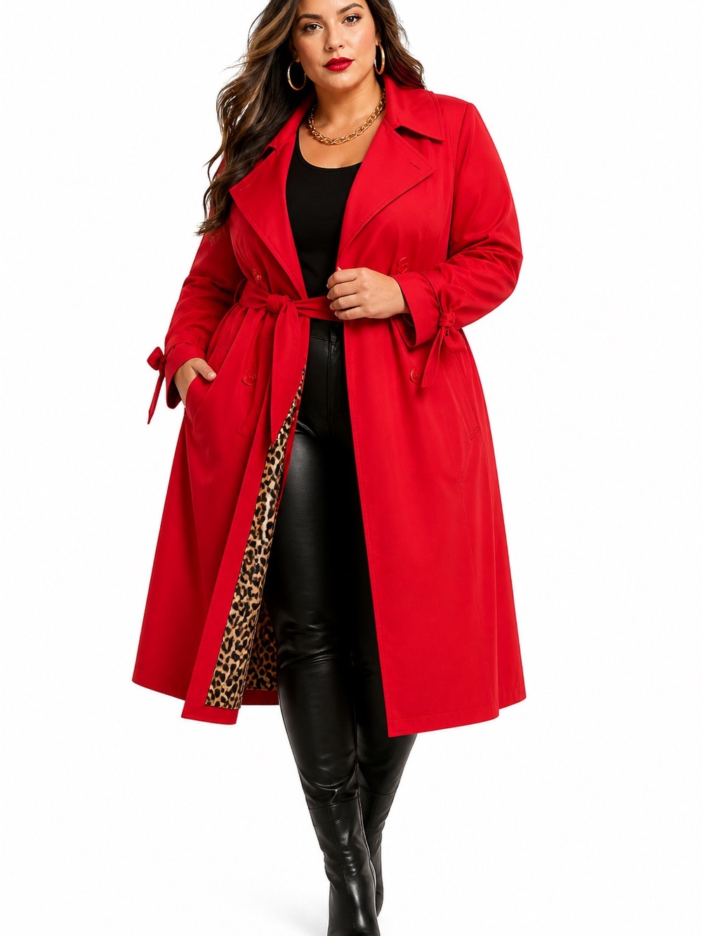 Pamela McCoy Red Trench Coat 3X Plus Leopard Lined Mob Wife Belted Glam Chic Fit